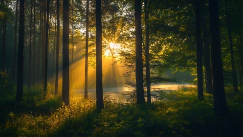 Dense Coniferous Forest with Crepuscular Light Rays Penetrating Canopy Structure