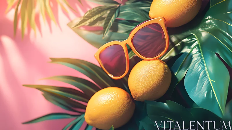 Sunny citrus sunglasses resting on lush tropical leaves.