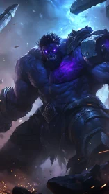 Massive purple energy warrior in shattered rocky arena