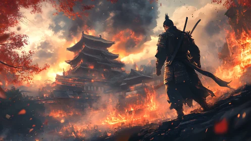Armored samurai surveys burning pagoda in cinematic inferno