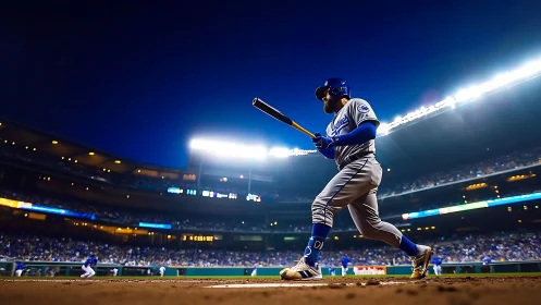 Baseball batter holds poised swing under bright stadium lights