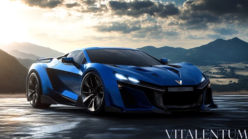 Blue futuristic sports car parked on wet mountain overlook