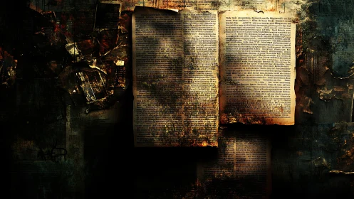 Decayed illuminated manuscript page with corroded textured patina