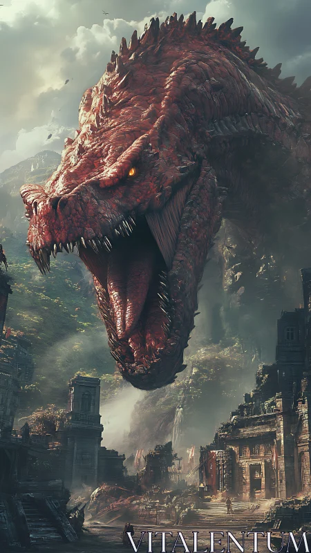 Colossal red dragon descends over ancient ruined city