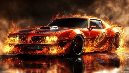 Inferno muscle car prowls through molten streetlight haze.