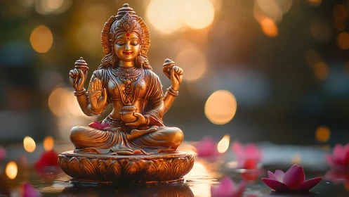 Golden Hindu deity statue glows amid soft lotus bokeh light