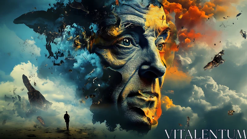 Surreal fragmented elder portrait in turbulent bifurcated sky.