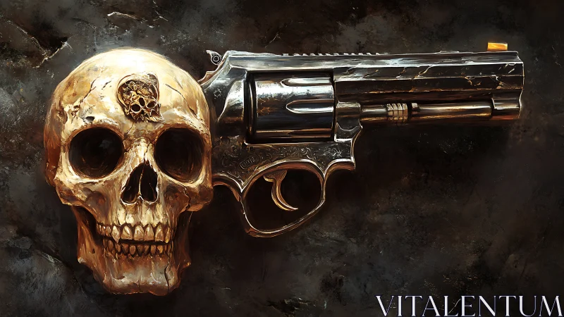 Human skull and revolver rendered with high metallic detail