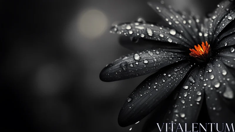 Black Petals Adorned with Raindrops and Vibrant Orange Center.
