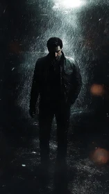 Lone figure in rainlit alley under harsh overhead light.