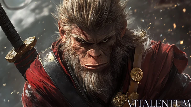 Monkey warrior with sword stares forward in detailed close-up