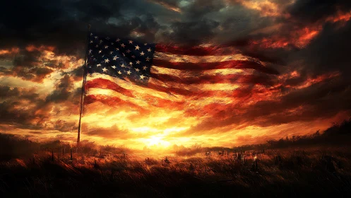 Sunlit American flag rendered with dramatic painterly brushwork