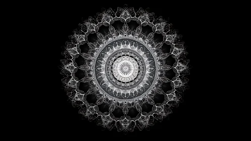 Intricate luminous mandala rendered in monochrome symmetry.