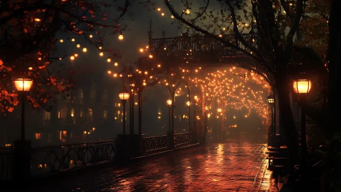 Rainy lantern walkway glows under warm festoon lights.