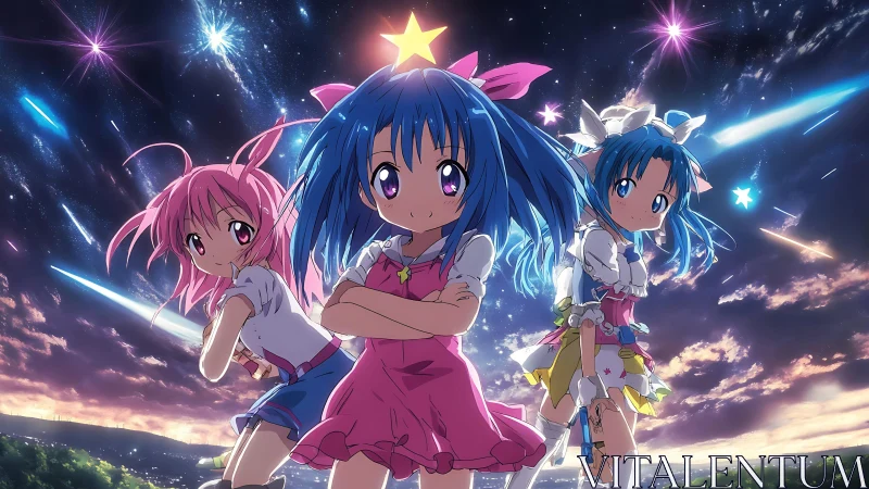 Starlit magical girls stand proud beneath a blazing meteor sky