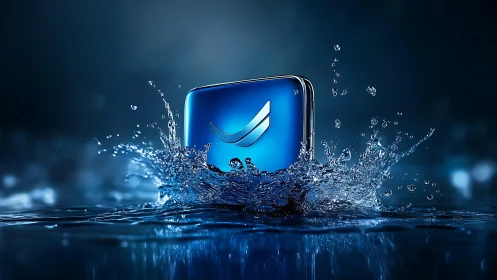 Waterproof blue smartphone plunges through dramatic splash.