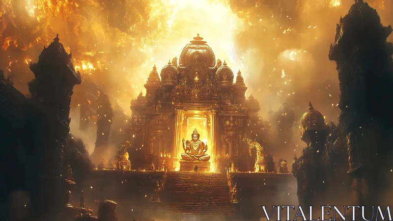 Radiant celestial temple with seated luminous deity in firestorm.