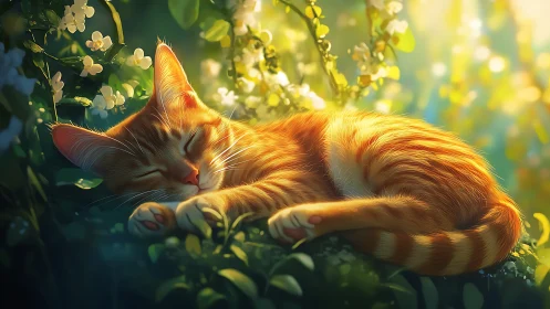 Orange Tabby Napping in a Sun-Drenched Garden.