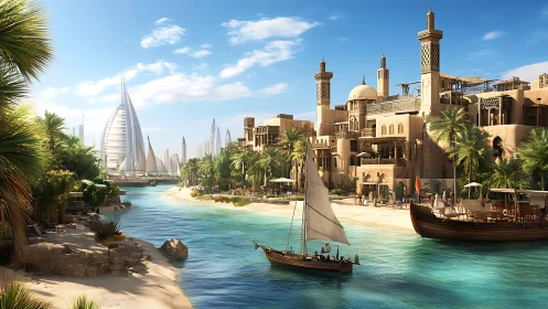 Sunlit Dubai canal where old dhows kiss glass towers.