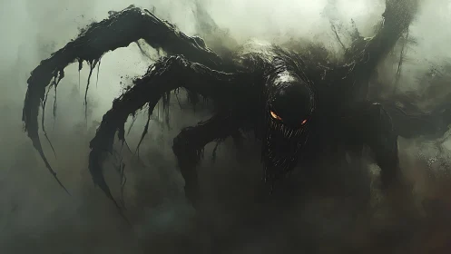 Shadowy monster emerges through mist with glowing orange eyes.