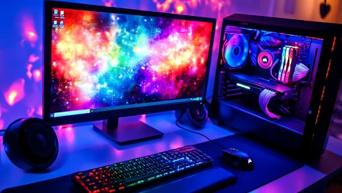 RGB gaming workstation with neon backlit desktop setup.