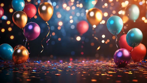 Suspended metallic balloons with particle bokeh background.