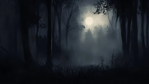 Moonlit forest landscape with tall trees and atmospheric mist