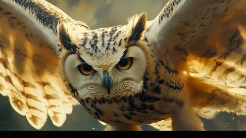 Majestic owl in flight, hyper-realistic wildlife photography style.
