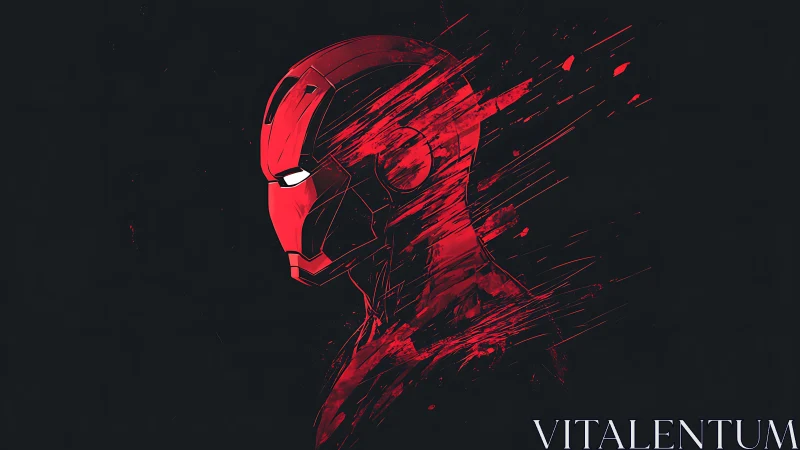 Red armored helmet profile with dynamic paint streaks.