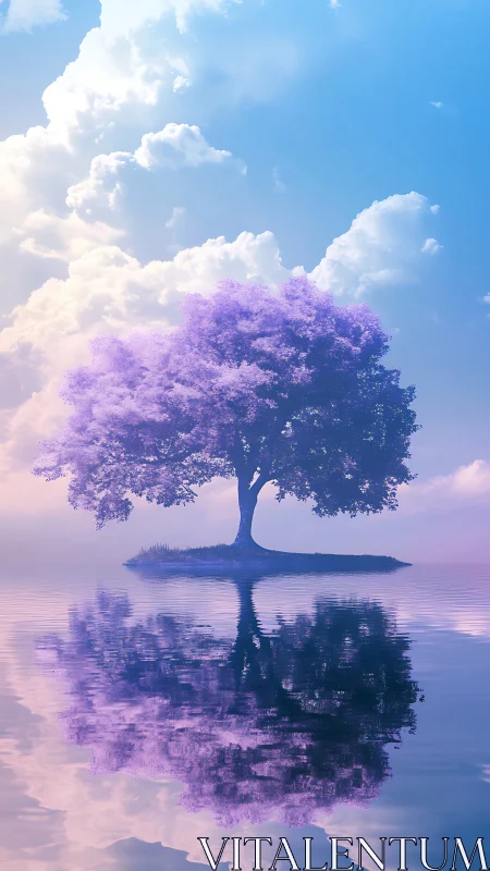 Solitary violet tree mirrored on calm reflective water.