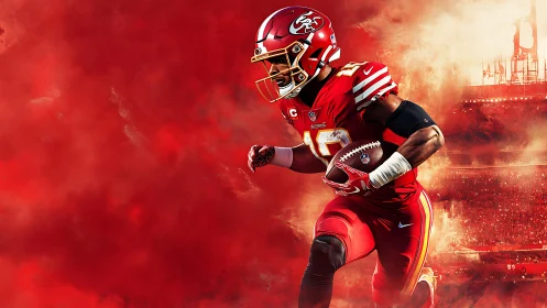 Wide-angle portrait of NFL running back in red smoke field