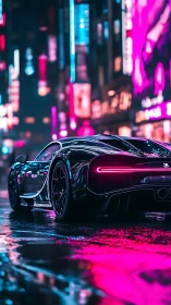 Neon-lit supercar glides through a rain-soaked cyber city street