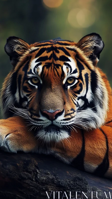 Portrait tiger study with shallow depth and warm bokeh glow.