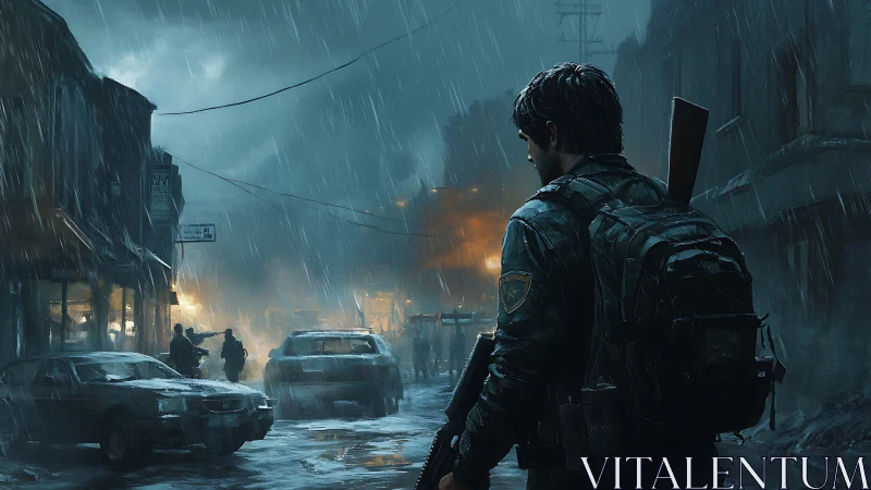 Armed survivor patrols rain-soaked post-apocalyptic street.