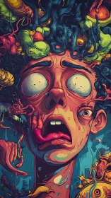 Surreal screaming portrait with worms and melting face.