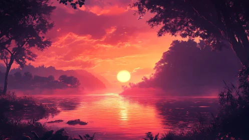 Sunset river burning in neon twilight hush and misted glow.