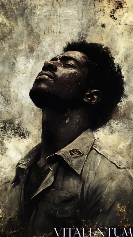 Upturned gaze of defiant man in distressed sepia portrait.