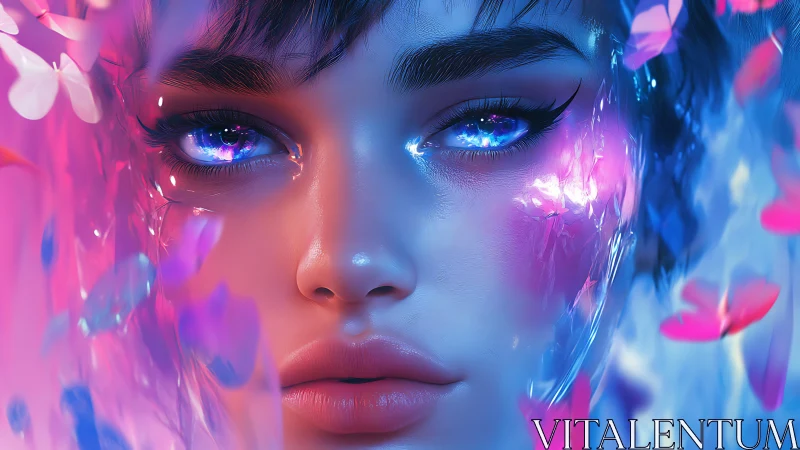 Neon-hued cyber muse portrait with crystalline iridescent gaze.