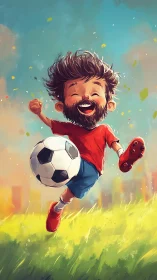 Joy-sprinting soccer kid with wind-tossed hair and sunlight grin.