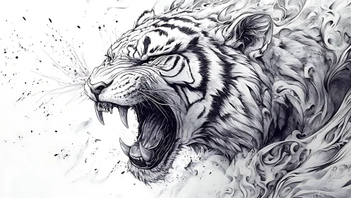 Ink-etched roaring tiger head with swirling abstract plumes.