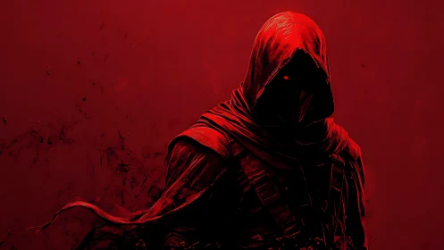 Hooded red-cloaked wraith silhouette with glowing eyes isolated