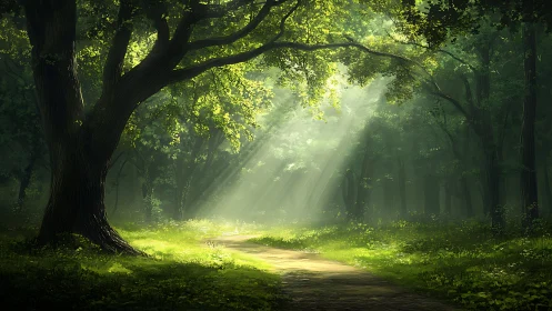 Sunlit forest path with lush greenery in serene digital painting.