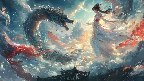 Sky-dancing maiden and celestial dragon in swirling light.