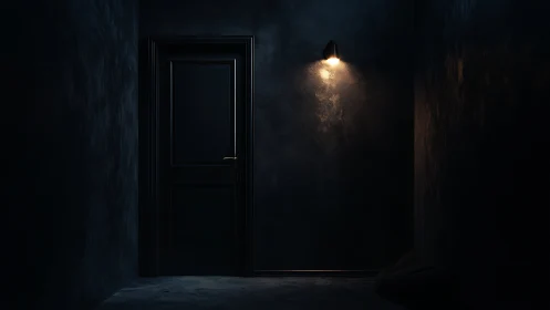 Dark hallway door under single moody wall sconce light.