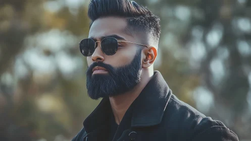 Bearded man in sunglasses exudes cool confidence outdoors