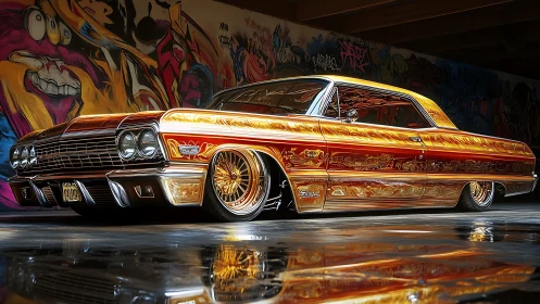 Chromed lowrider coupe with hyper-detailed flame livery.