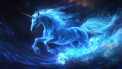 Luminous blue unicorn rendered in swirling energy field.