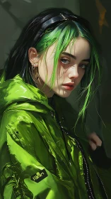 Digital portrait shows green‑haired figure in reflective jacket