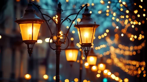 Warm street lantern array with shallow depth of field and bokeh contrast