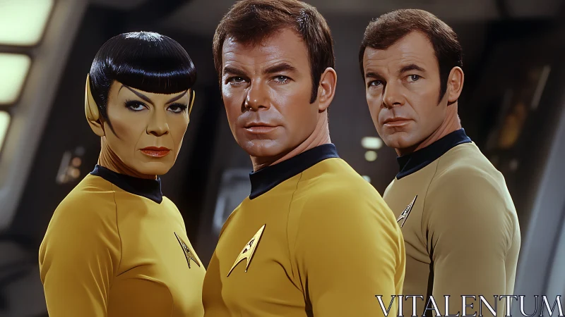 Three uniformed crew members stand in a starship interior